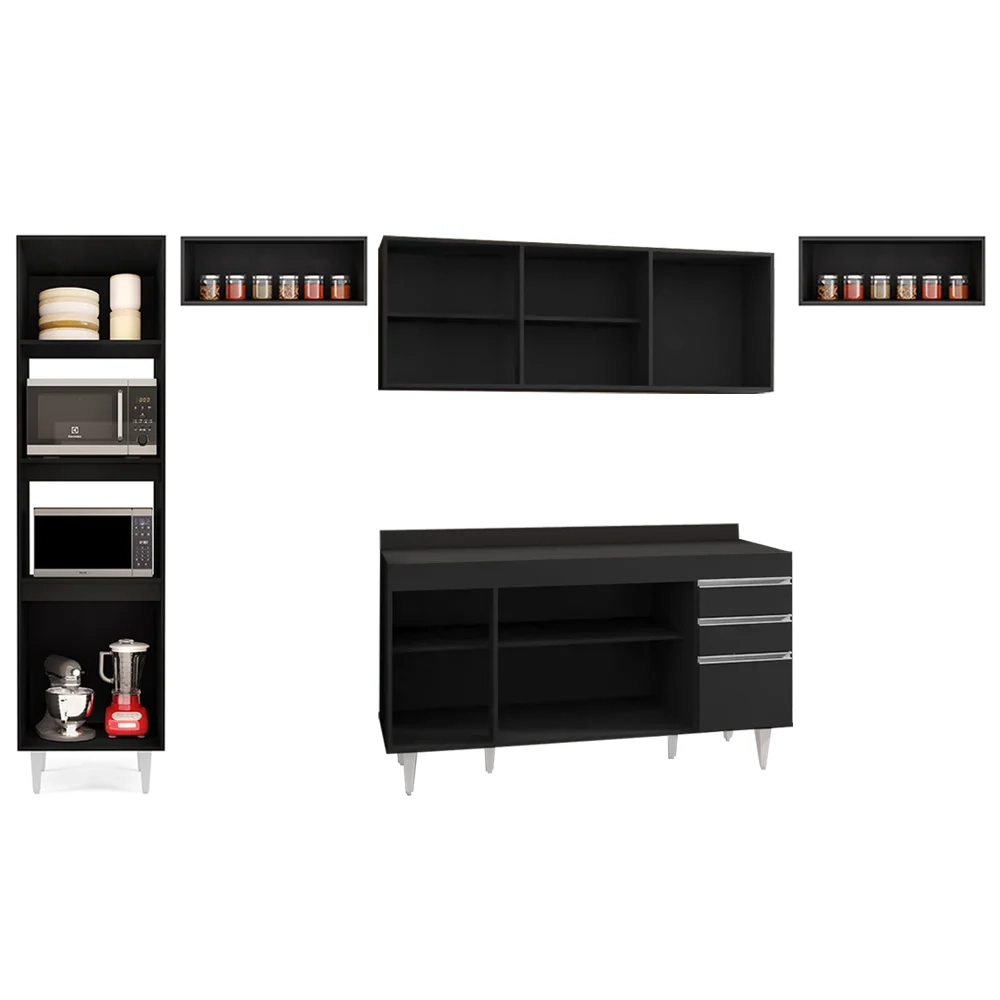 Armário de Cozinha Modulada 5 Peças CP14 Balcão com Tampo Preto - Lumil