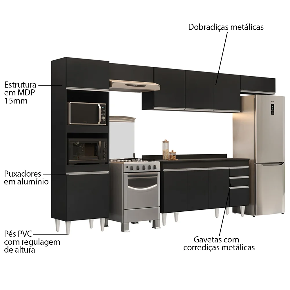 Armário de Cozinha Modulada 5 Peças CP14 Balcão com Tampo Preto - Lumil