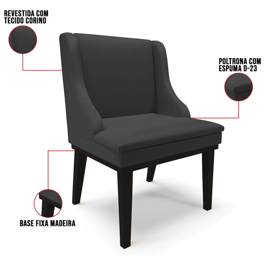 Cadeira Estofada para Sala de Jantar Base Fixa de Madeira Preto Lia Sintético Preto - Ibiza