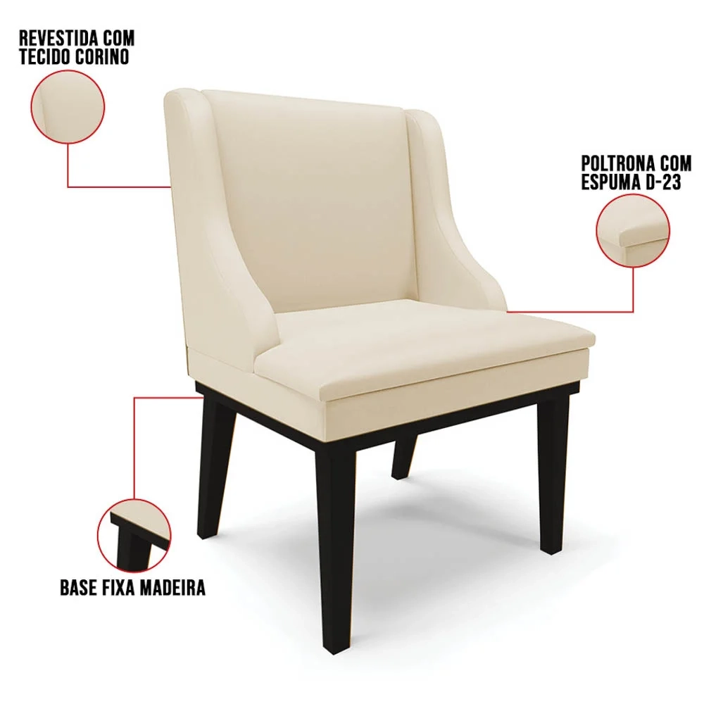 Kit 2 Cadeiras Estofadas Sala de Jantar Base Fixa de Madeira Preto Lia Sintético Bege - Ibiza