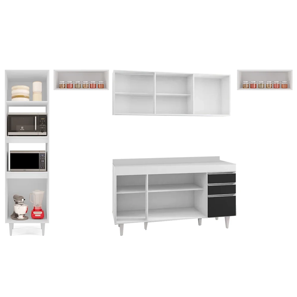 Armário de Cozinha Modulada 5 Peças CP14 Balcão com Tampo Branco/Preto - Lumil