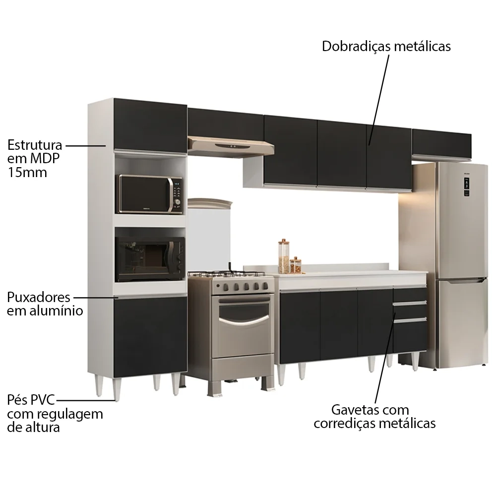 Armário de Cozinha Modulada 5 Peças CP14 Balcão com Tampo Branco/Preto - Lumil