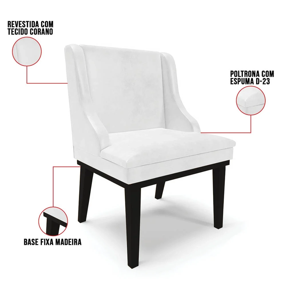 Cadeira Estofada para Sala de Jantar Base Fixa de Madeira Preto Lia Sintético Premium Branco - Ibiza