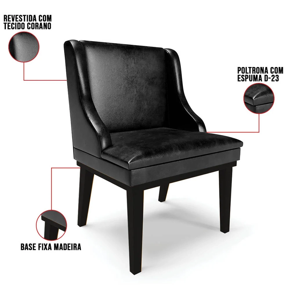 Cadeira Estofada para Sala de Jantar Base Fixa de Madeira Preto Lia Sintético Premium Preto - Ibiza