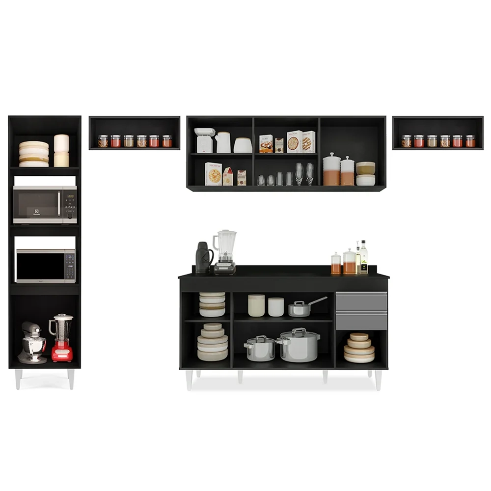 Armário de Cozinha Modulada 5 Peças CP14 Balcão com Tampo Preto/Cinza - Lumil