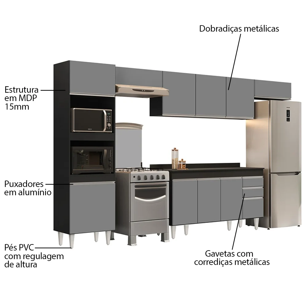 Armário de Cozinha Modulada 5 Peças CP14 Balcão com Tampo Preto/Cinza - Lumil