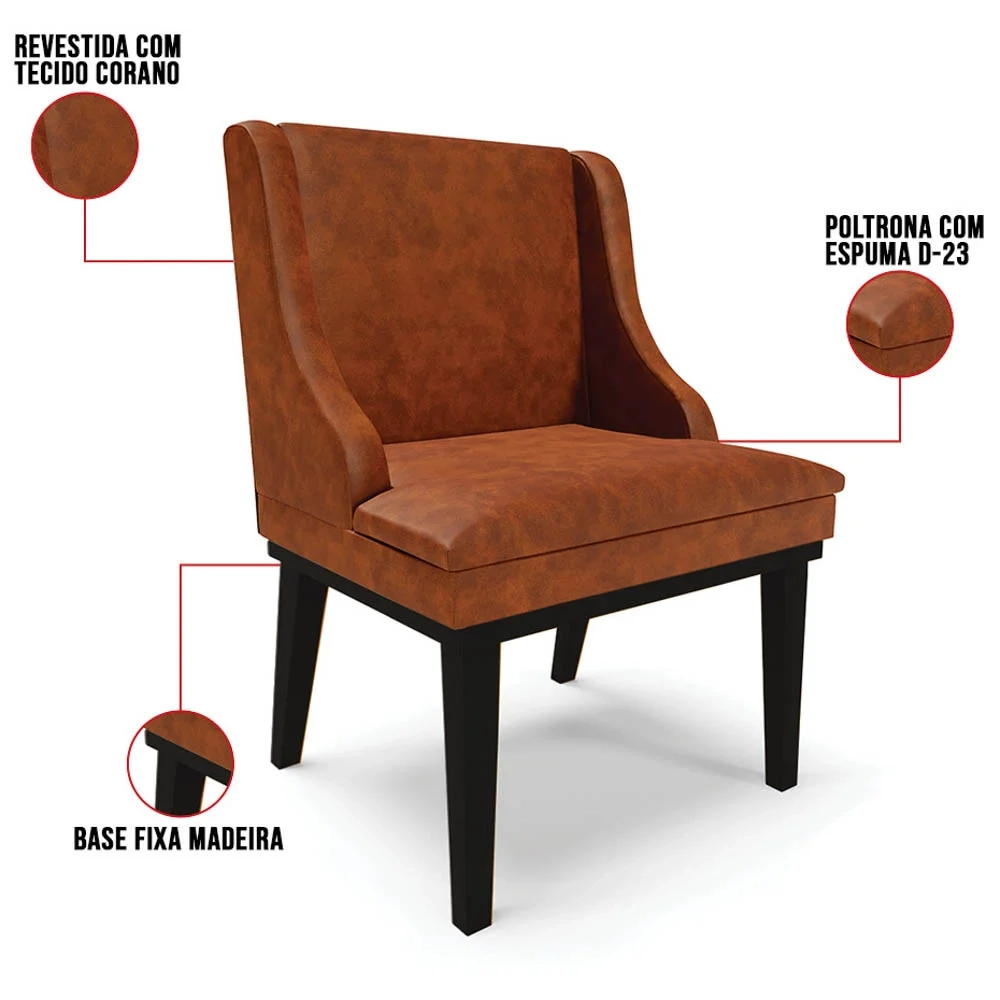 Kit 10 Cadeiras Estofadas Base Fixa de Madeira Preto Lia Sintético Premium Nozes - Ibiza