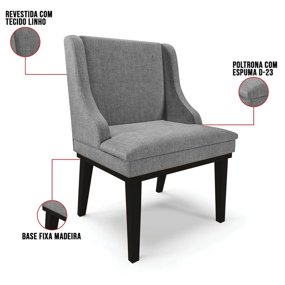 Cadeira Estofada para Sala de Jantar Base Fixa de Madeira Preto Lia Linho Grafite - Ibiza