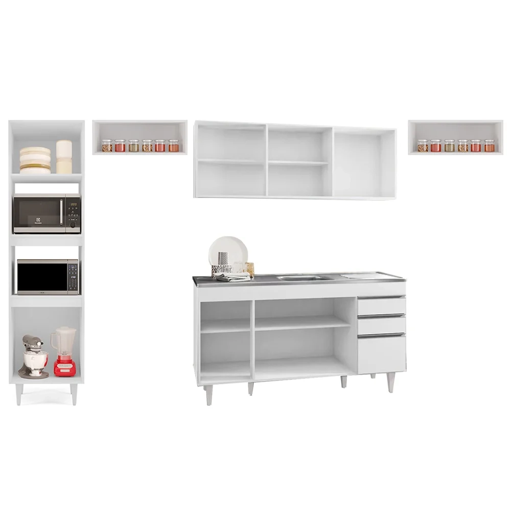 Armário de Cozinha Modulada 5 Peças CP15 Balcão com Pia Inox Branco - Lumil