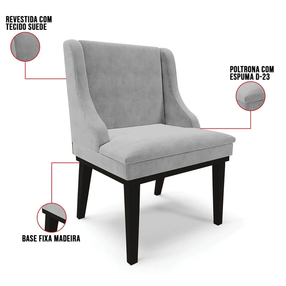Cadeira Estofada para Sala de Jantar Base Fixa de Madeira Preto Lia Suede Cinza - Ibiza
