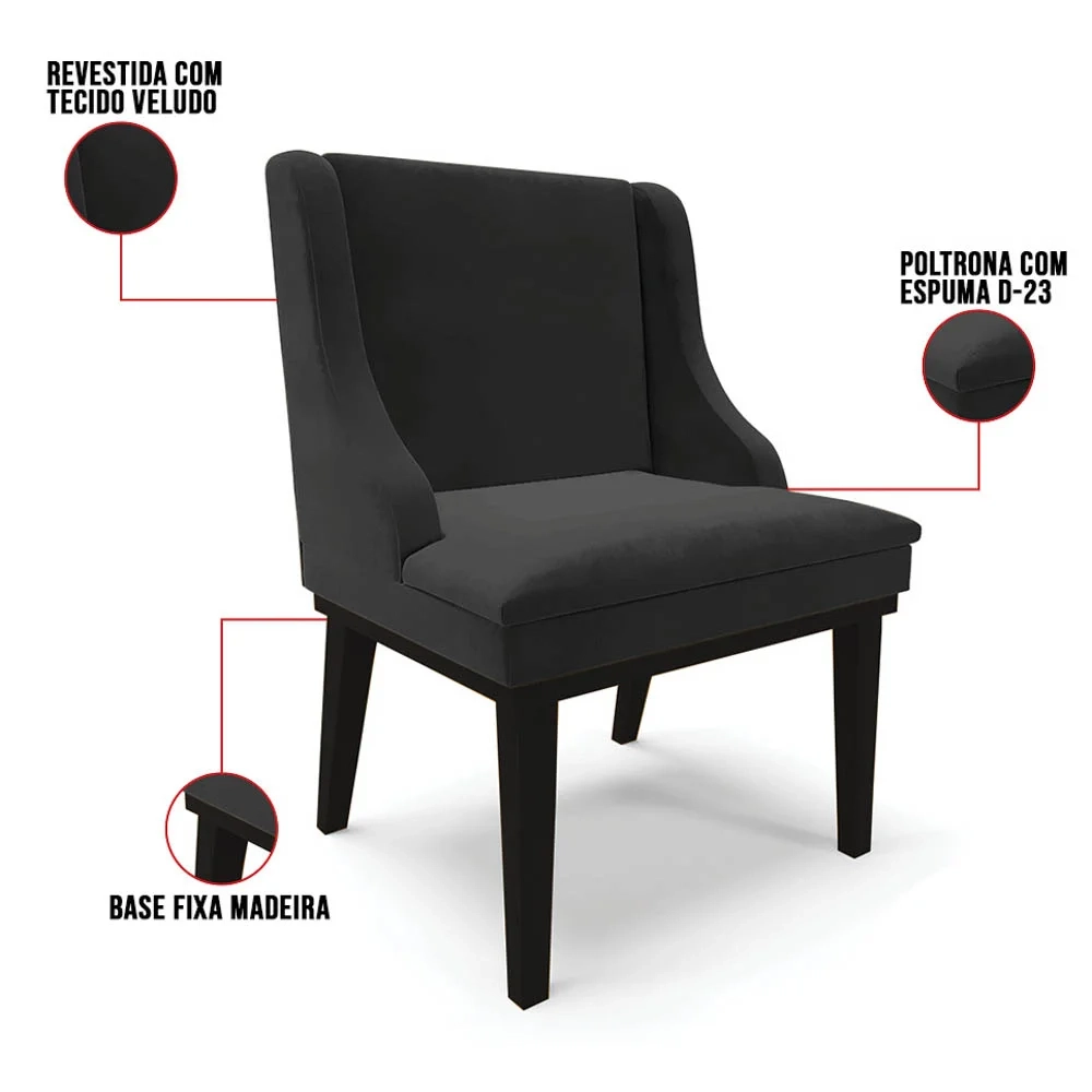 Cadeira Estofada para Sala de Jantar Base Fixa de Madeira Preto Lia Veludo Preto - Ibiza
