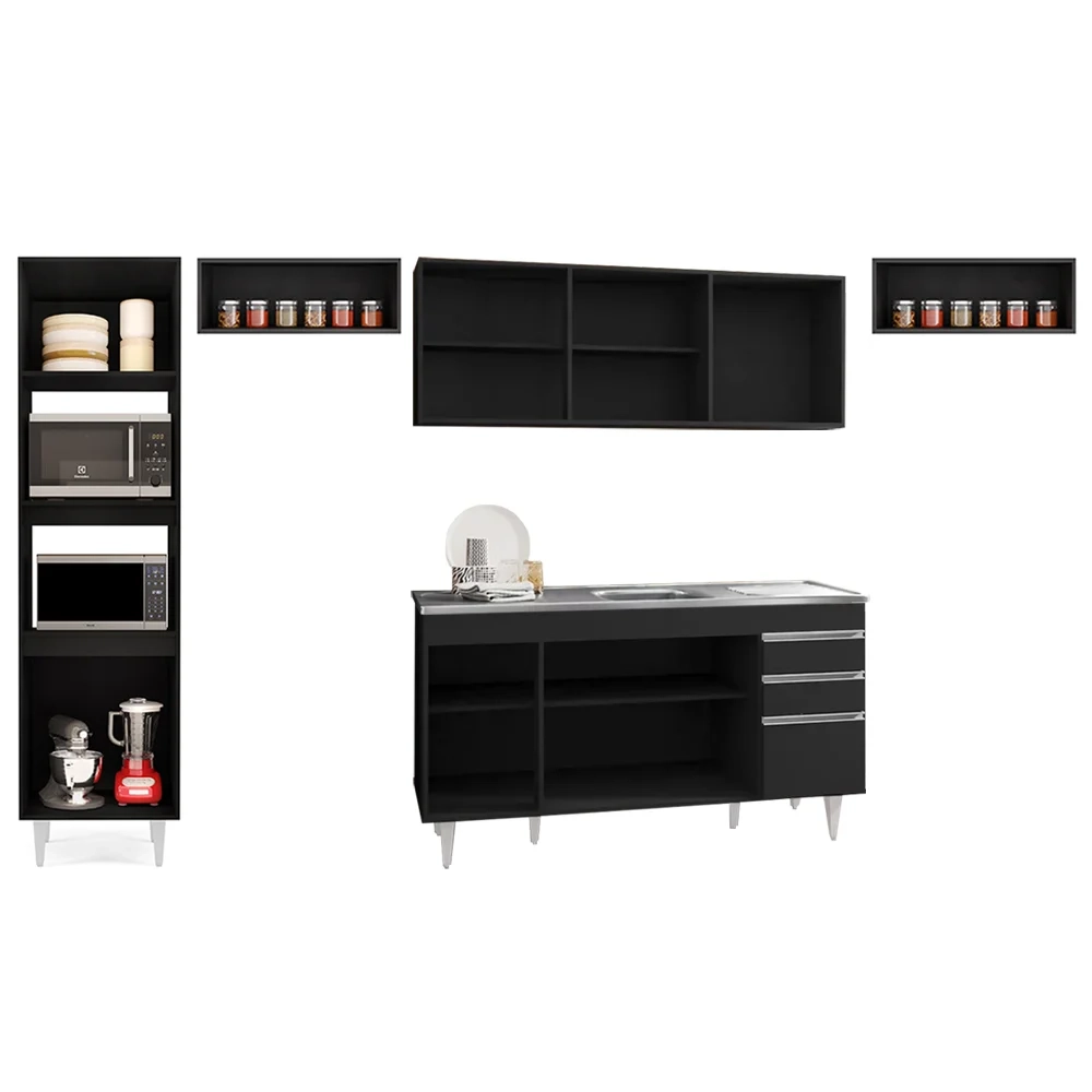Armário de Cozinha Modulada 5 Peças CP15 Balcão com Pia Inox Preto - Lumil