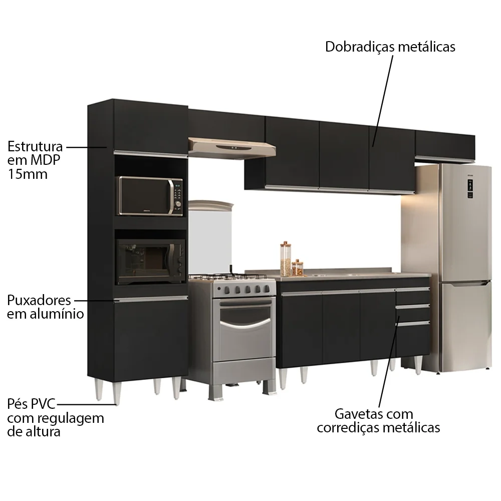 Armário de Cozinha Modulada 5 Peças CP15 Balcão com Pia Inox Preto - Lumil