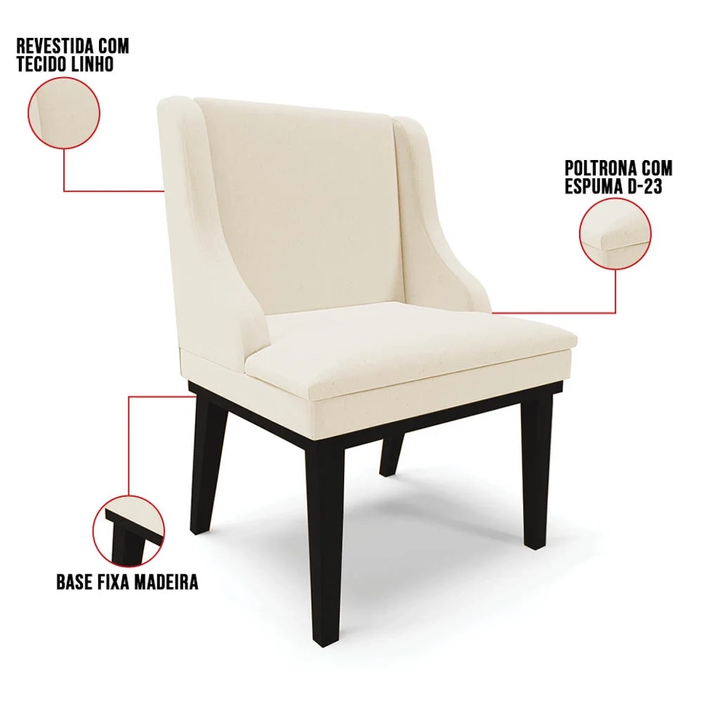 Kit 2 Cadeiras Estofadas para Sala de Jantar Base Fixa de Madeira Preto Lia Linho Bege - Ibiza
