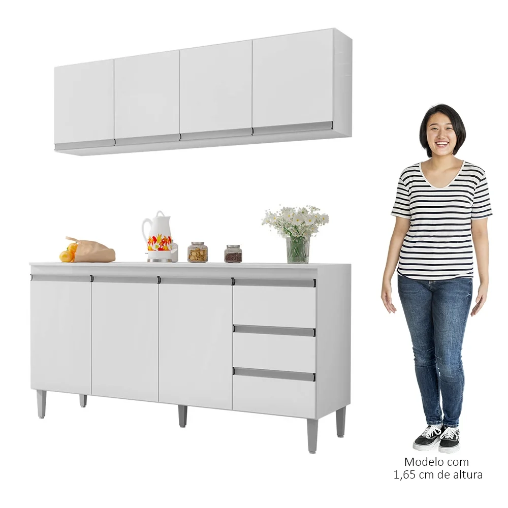 Armário Aéreo e Balcão Gabinete com Tampo 160cm Andréia Branco - AJL Móveis