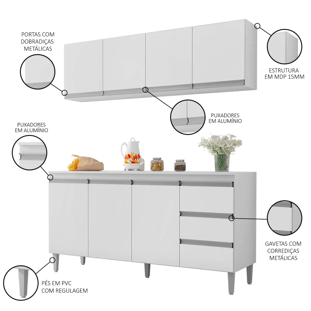Armário Aéreo e Balcão Gabinete com Tampo 160cm Andréia Branco - AJL Móveis