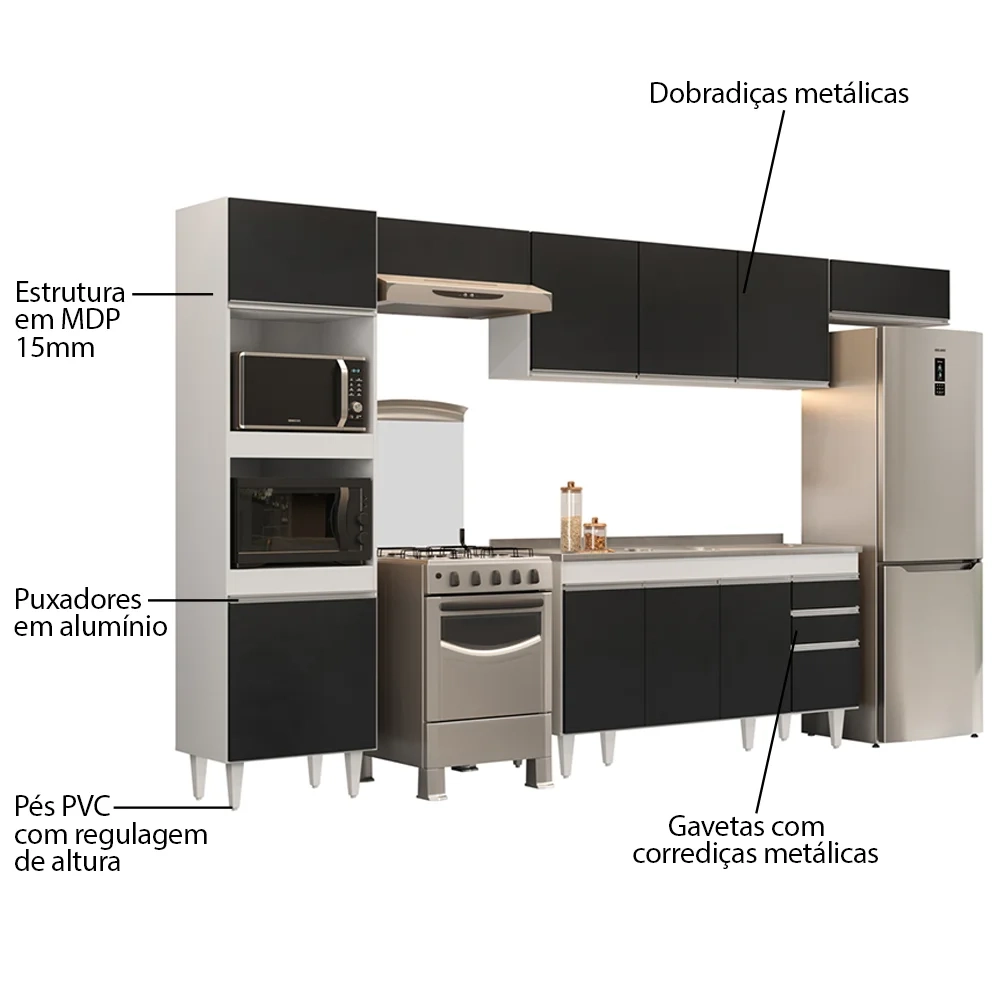 Armário de Cozinha Modulada 5 Peças CP15 Balcão com Pia Inox Branco/Preto - Lumil