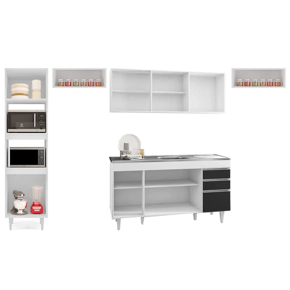 Armário de Cozinha Modulada 5 Peças CP15 Balcão com Pia Inox Branco/Preto - Lumil