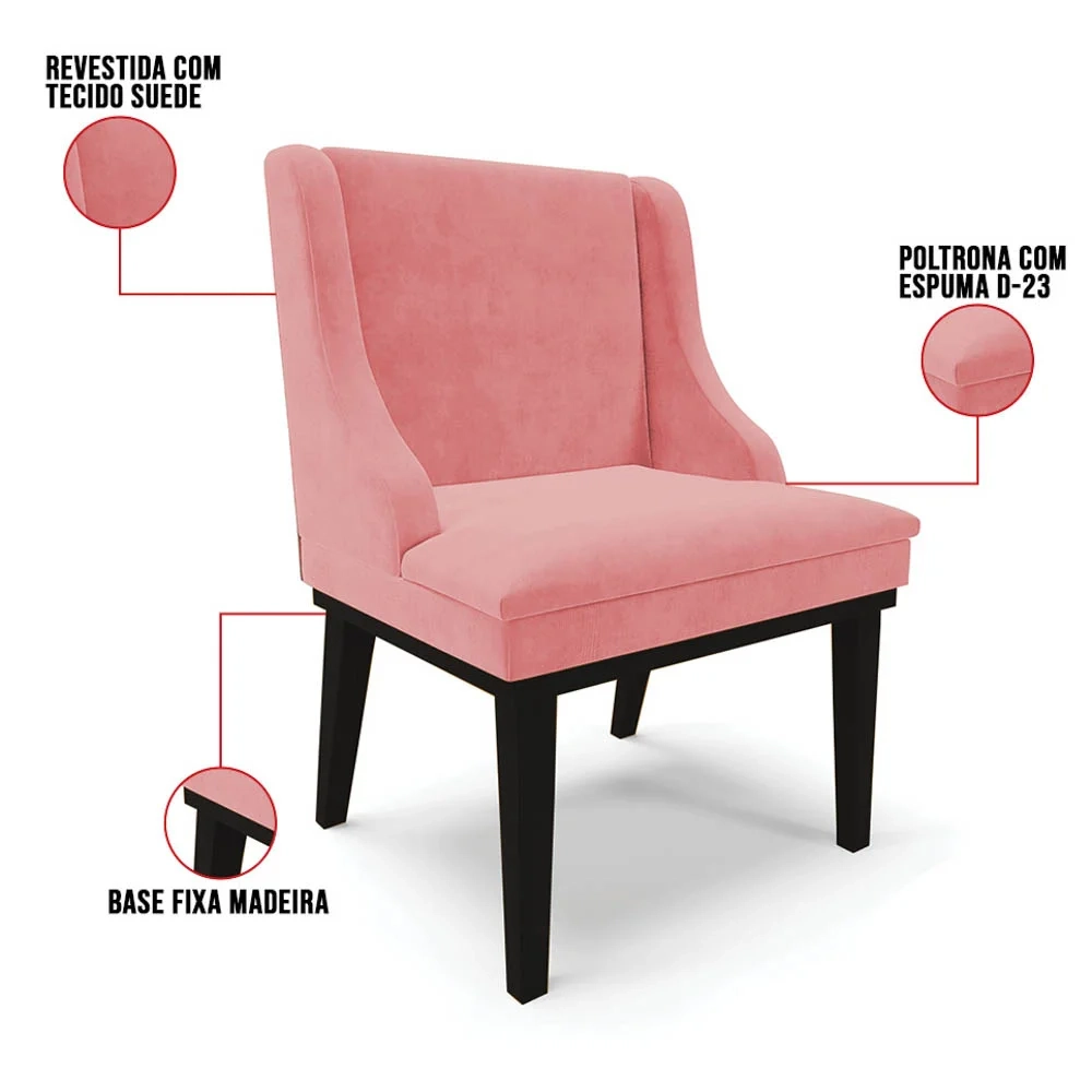 Kit 2 Cadeiras Estofadas para Sala de Jantar Base Fixa de Madeira Preto Lia Suede Rosê - Ibiza