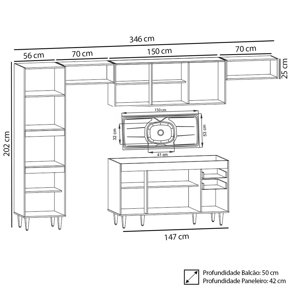 Armário de Cozinha Modulada 5 Peças CP15 Balcão com Pia Inox Preto/Cinza - Lumil