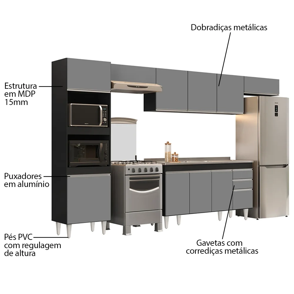 Armário de Cozinha Modulada 5 Peças CP15 Balcão com Pia Inox Preto/Cinza - Lumil