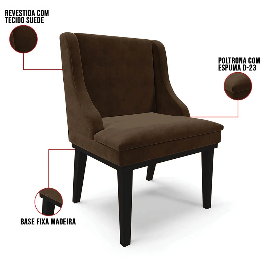 Kit 8 Cadeiras Estofadas para Sala de Jantar Base Fixa de Madeira Preto Lia Suede Marrom - Ibiza