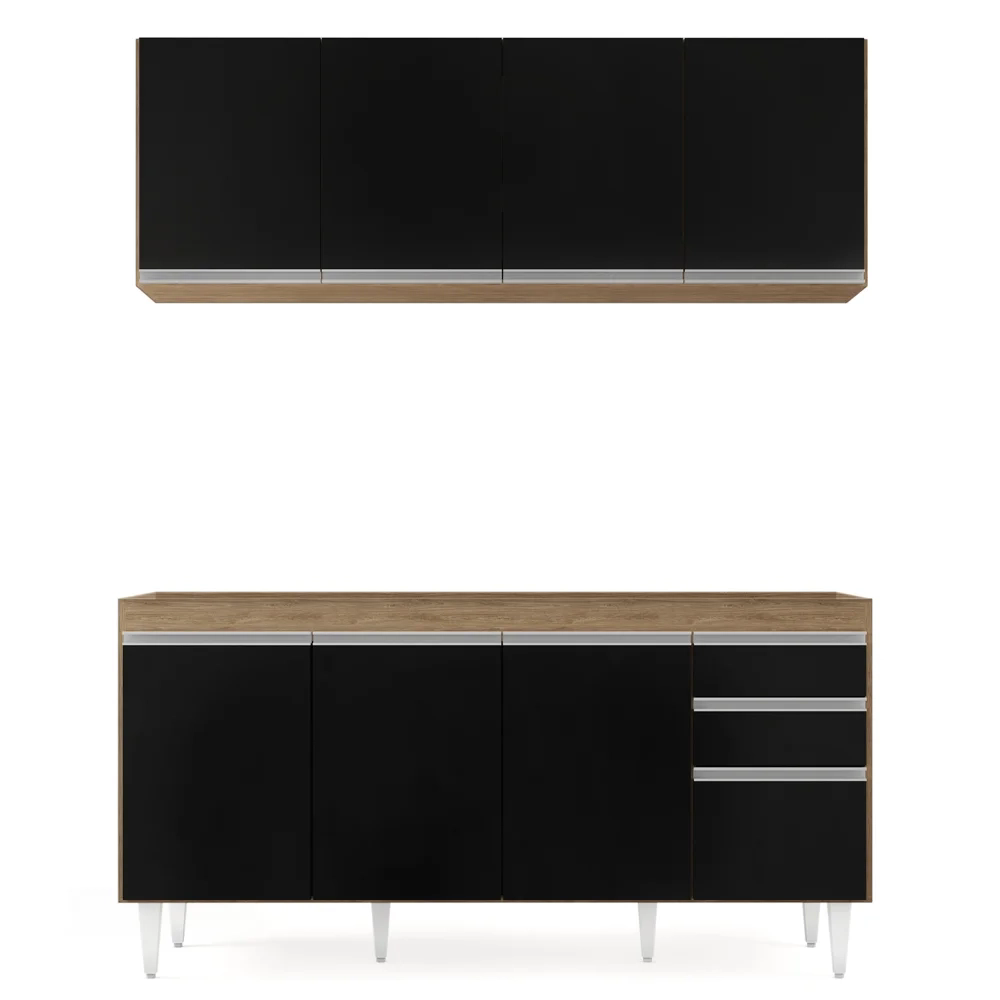 Armário Aéreo Nevada e Balcão Para Pia 160cm Arkansas Castanho/Preto - Lumil Móveis