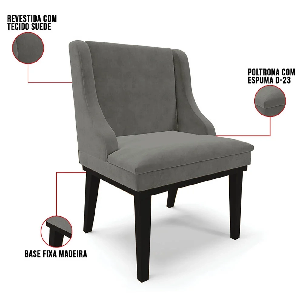 Kit 8 Cadeiras Estofadas para Sala de Jantar Base Fixa de Madeira Preto Lia Suede Grafite - Ibiza