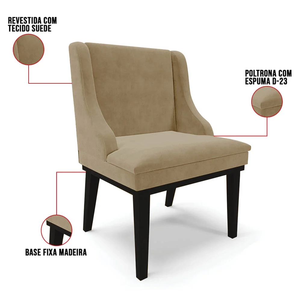 Kit 8 Cadeiras Estofadas para Sala de Jantar Base Fixa de Madeira Preto Lia Suede Marrom RT - Ibiza