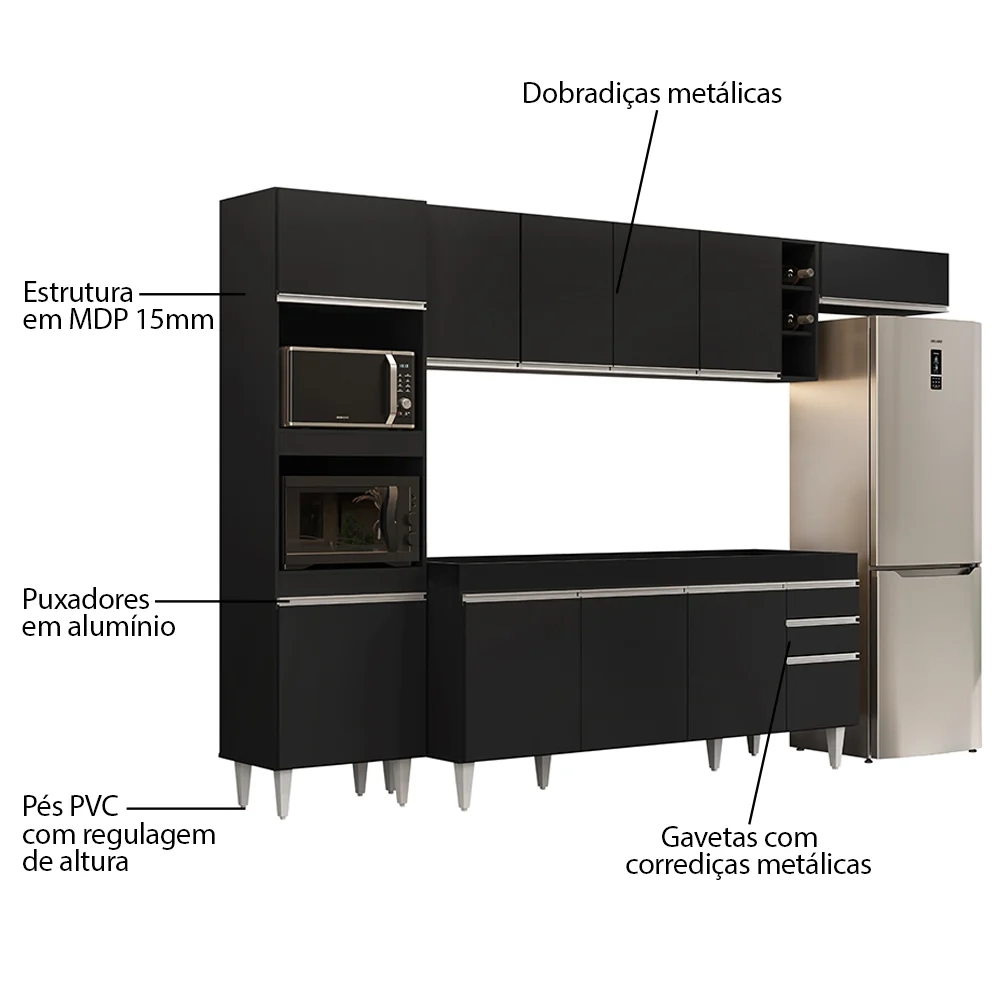 Armário de Cozinha Modulada 5 Peças CP16 Balcão Preto - Lumil