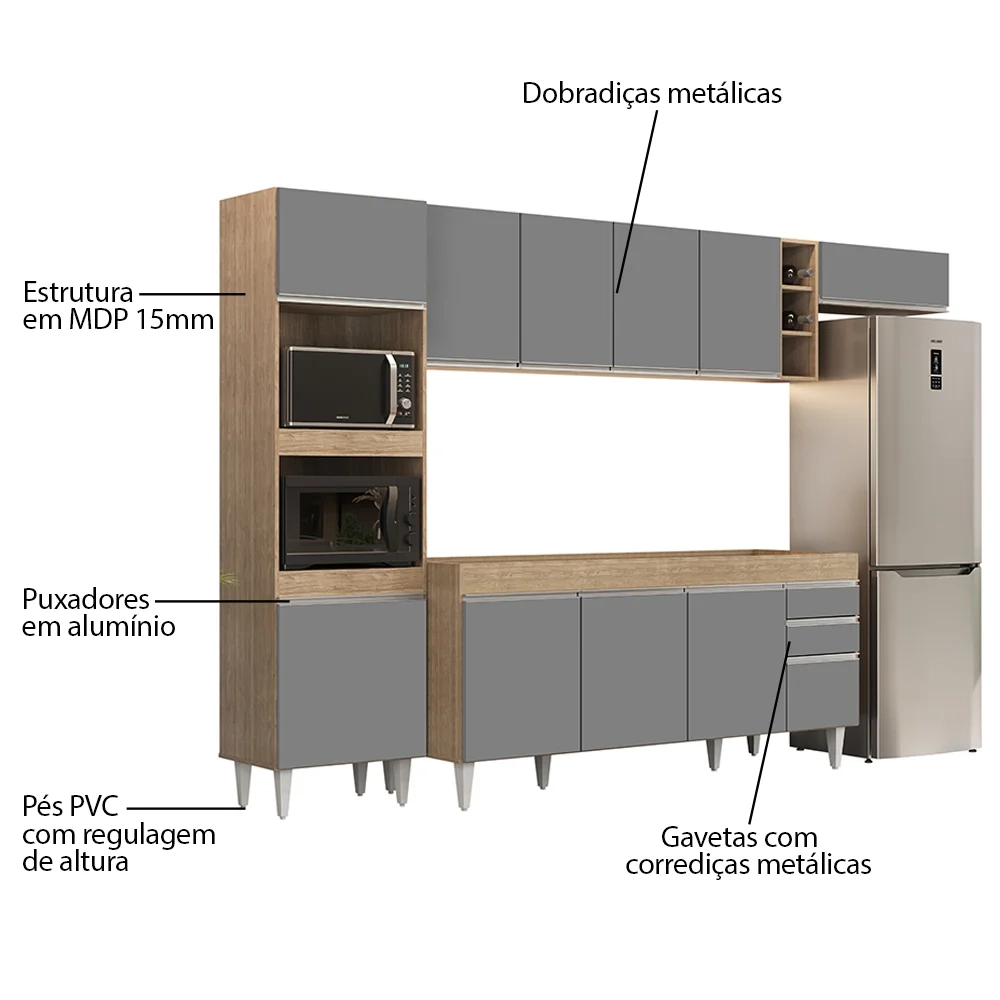 Armário de Cozinha Modulada 5 Peças CP16 Balcão Castanho/Cinza - Lumil