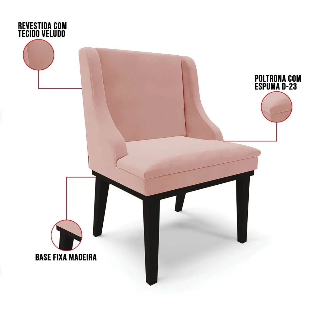 Kit 2 Cadeiras Estofadas para Sala de Jantar Base Fixa de Madeira Preto Lia Veludo Rosê - Ibiza