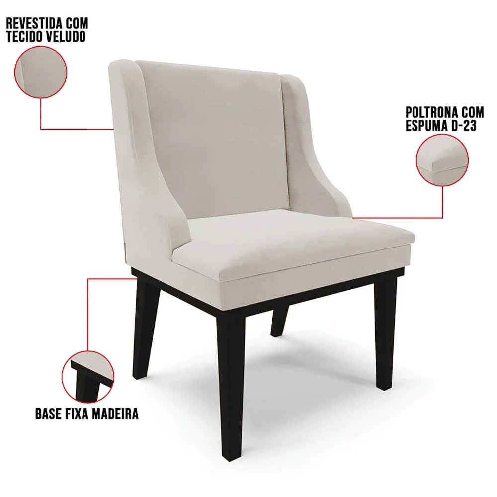 Kit 4 Cadeiras Estofadas para Sala de Jantar Base Fixa de Madeira Preto Lia Veludo Cinza - Ibiza