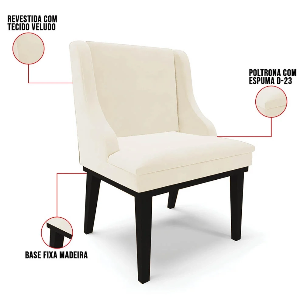 Kit 6 Cadeiras Estofadas para Sala de Jantar Base Fixa de Madeira Preto Lia Veludo Bege - Ibiza