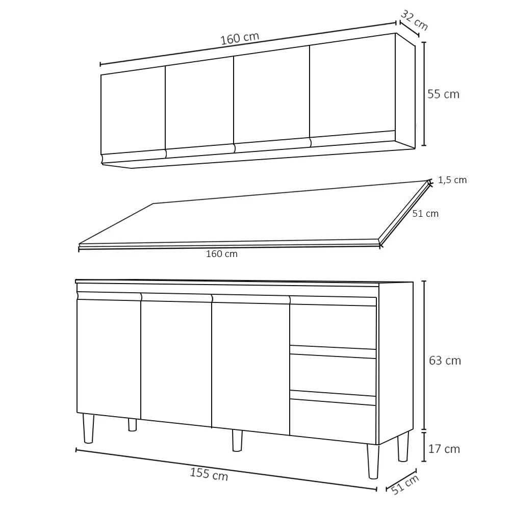 Armário Aéreo e Balcão Gabinete com Tampo 160cm Andréia Preto - AJL Móveis
