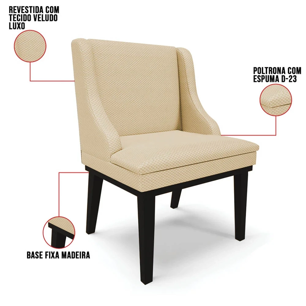Kit 6 Cadeiras Estofadas para Sala de Jantar Base Fixa de Madeira Preto Lia Veludo Luxo Off White - Ibiza