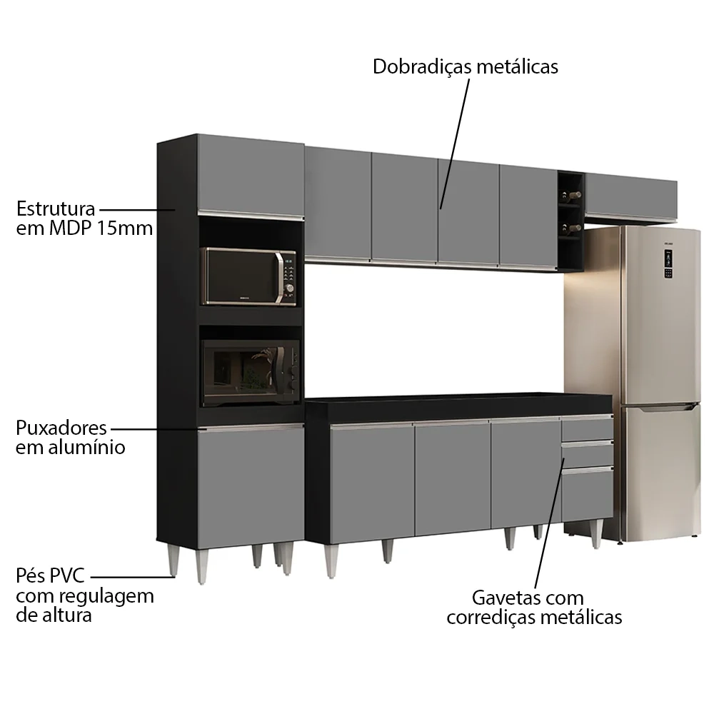 Armário de Cozinha Modulada 5 Peças CP16 Balcão Preto/Cinza - Lumil