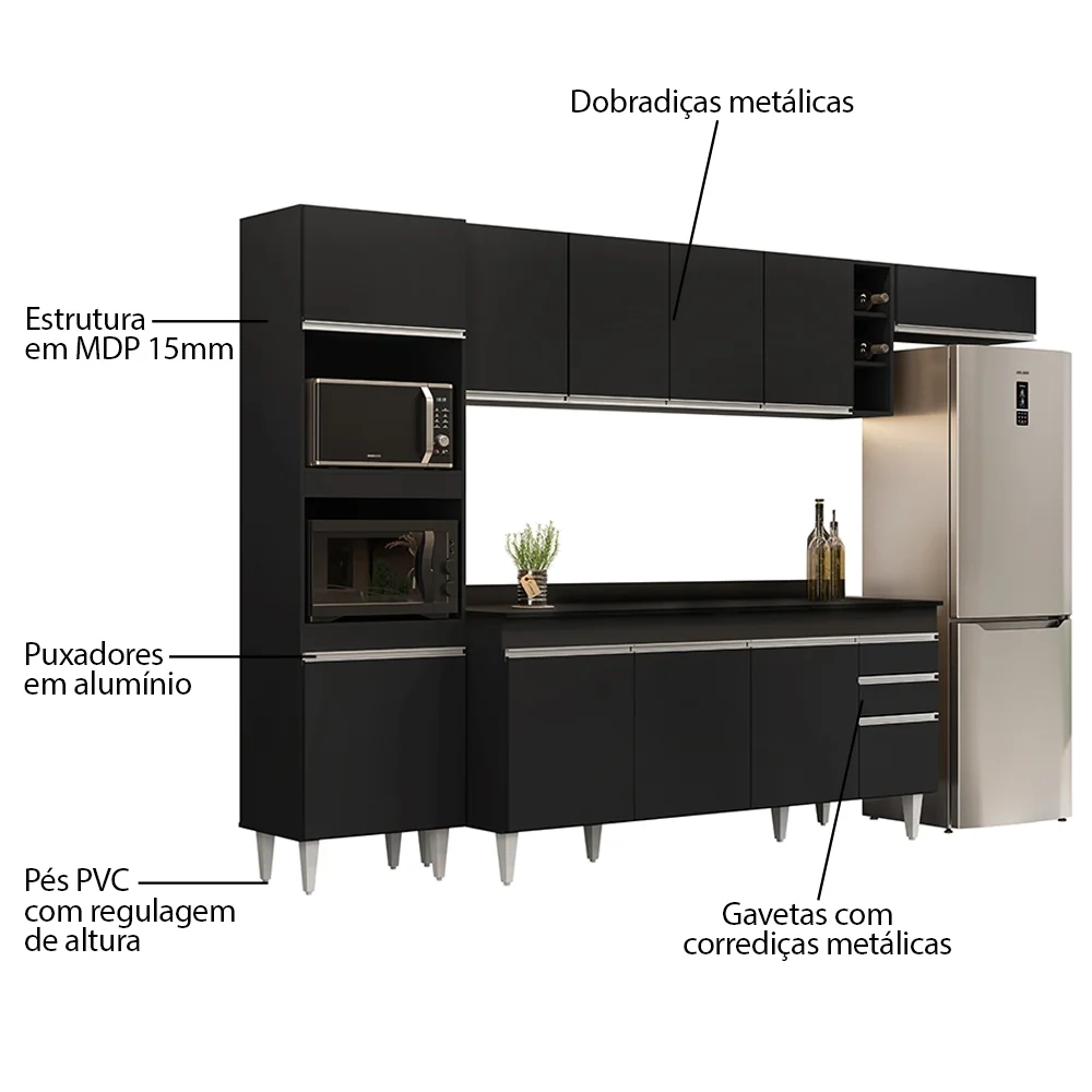 Armário de Cozinha Modulada 5 Peças CP17 Balcão com Tampo Preto - Lumil