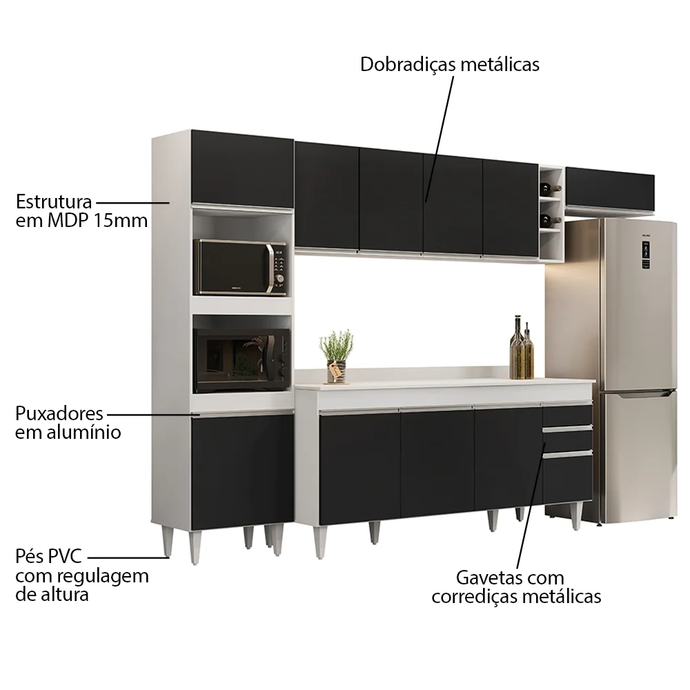 Armário de Cozinha Modulada 5 Peças CP17 Balcão com Tampo Branco/Preto - Lumil