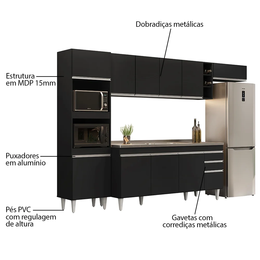 Armário de Cozinha Modulada 5 Peças CP18 Balcão com Pia Inox Preto - Lumil