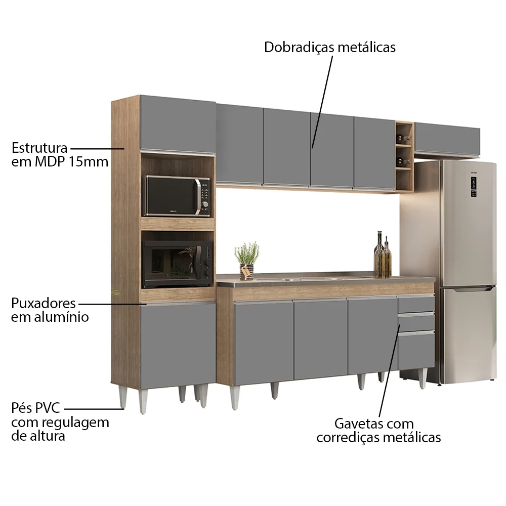 Armário de Cozinha Modulada 5 Peças CP18 Balcão com Pia Inox Castanho/Cinza - Lumil