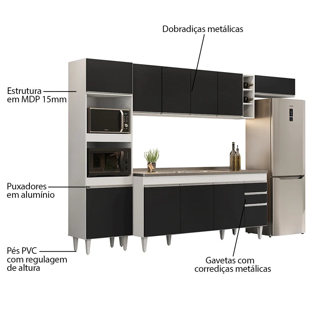 Armário de Cozinha Modulada 5 Peças CP18 Balcão com Pia Inox Branco/Preto - Lumil
