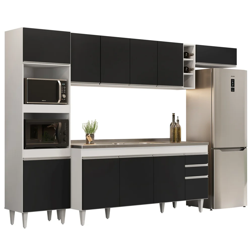 Armário de Cozinha Modulada 5 Peças CP18 Balcão com Pia Inox Branco/Preto - Lumil