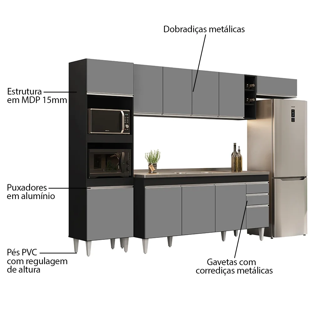 Armário de Cozinha Modulada 5 Peças CP18 Balcão com Pia Inox Preto/Cinza - Lumil