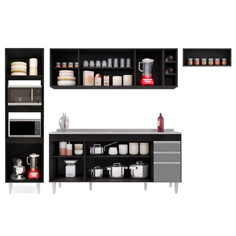 Armário de Cozinha Modulada 5 Peças CP18 Balcão com Pia Inox Preto/Cinza - Lumil