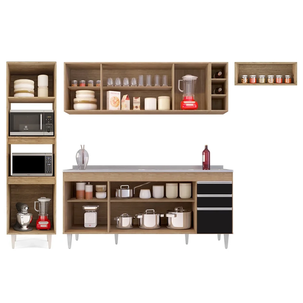 Armário de Cozinha Modulada 5 Peças CP18 Balcão com Pia Inox Castanho/Preto - Lumil