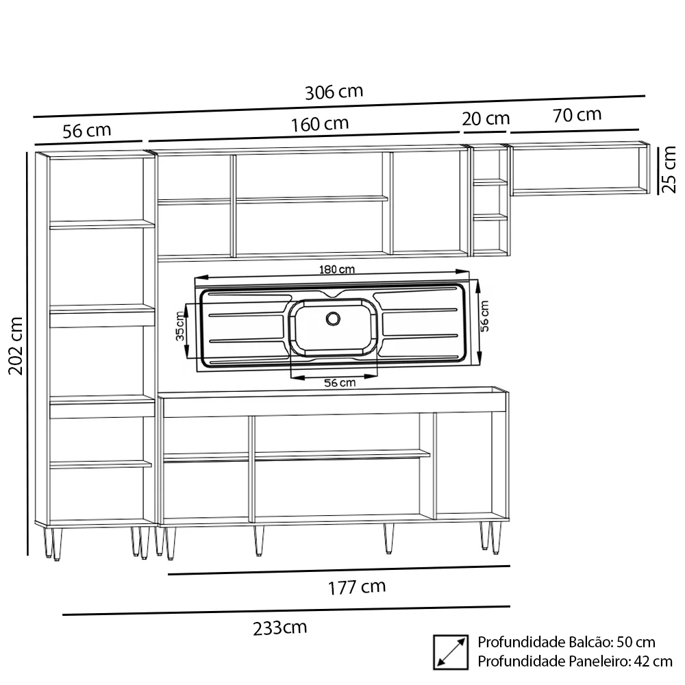 Armário de Cozinha Modulada 5 Peças CP18 Balcão com Pia Inox Castanho/Preto - Lumil