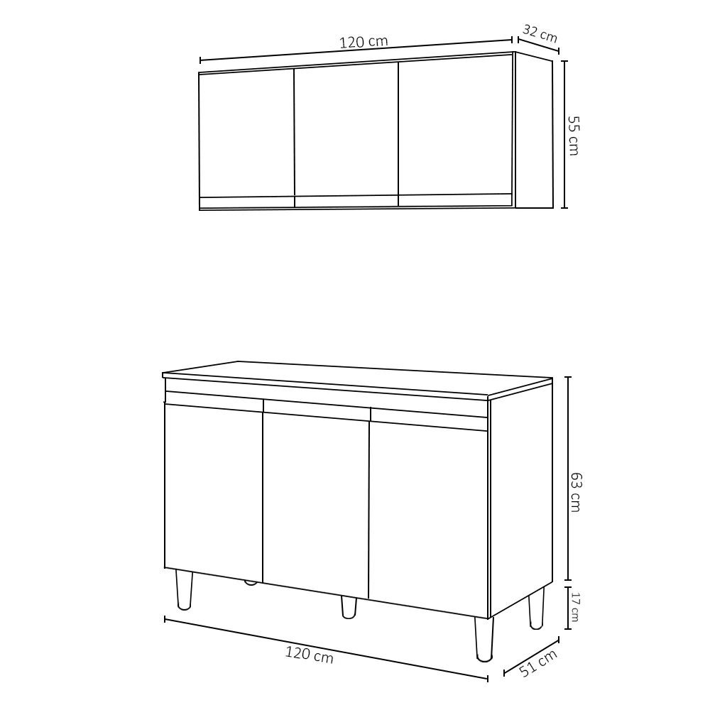 Armário Aéreo Andréia e Balcão Gabinete sem Tampo Manu 120cm Cinza - AJL Móveis