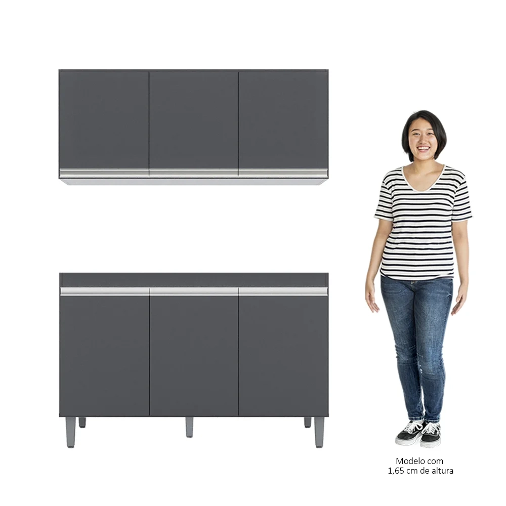 Armário Aéreo Andréia e Balcão Gabinete sem Tampo Manu 120cm Cinza - AJL Móveis