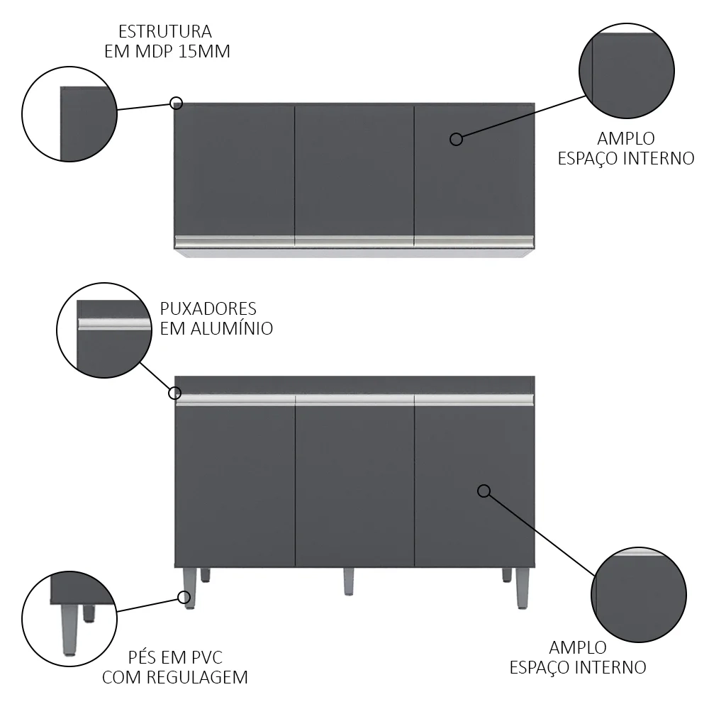 Armário Aéreo Andréia e Balcão Gabinete sem Tampo Manu 120cm Cinza - AJL Móveis